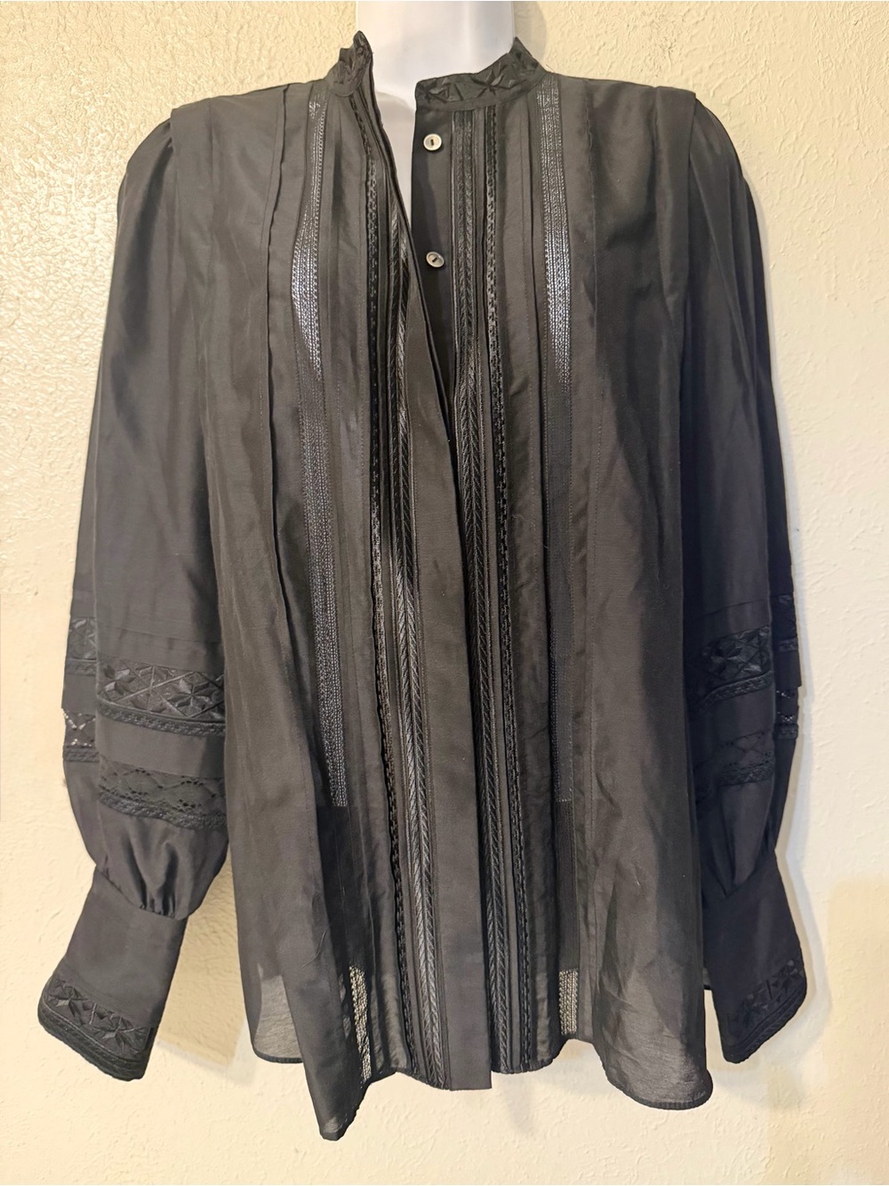 Kobi Halperin Shay Black Lace Inset Silk Blend bishop Sleeve Blouse Sz S NWT - Picture 5 of 15